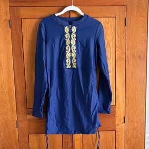 navy/gold rash guard/coverup SPF fabric